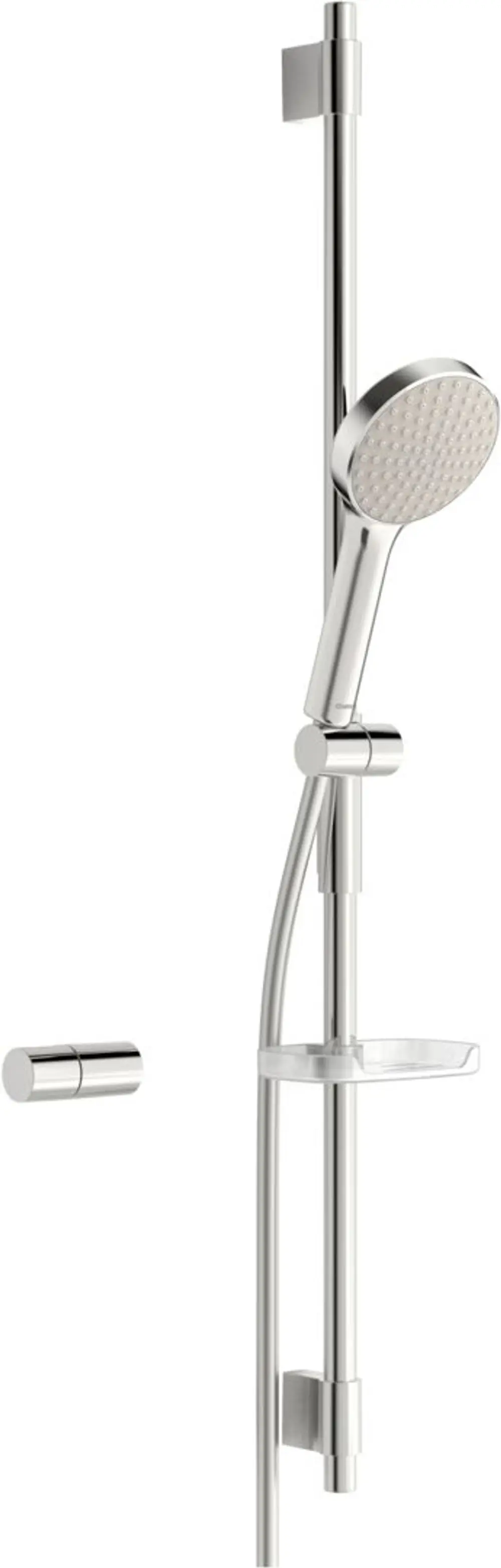 HANSAACTIVEJET-Design-Duschstange aus Chrom mit Handbrause und Ablage, montiert an der Wand. Flexible Dusche für individuelle Nutzung im Badezimmer.
